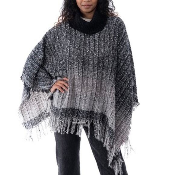 Style & Co Wrap Womens One Size Black Neutral Ombre Boucle Poncho Fringe Cozy - Picture 1 of 7